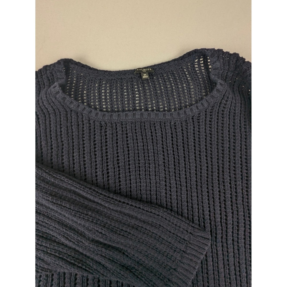 Talbots Plus Womens 3X Navy Blue 100% Cotton Open Knit Ribbed Pullover Sweater - Picture 4 of 12